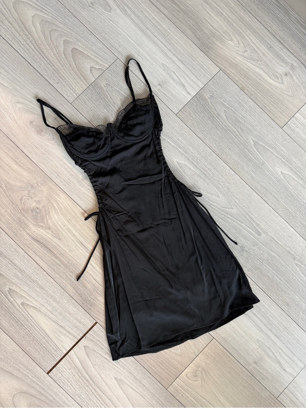 Princess Polly Black Satin bustier Slip Dress with Lace Trim and side cutouts